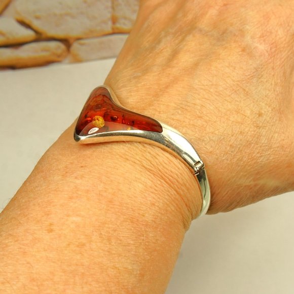 MODERNIST AMBER 925 SILVER BANGLE BRACELET HINGED RARE - Picture 7 of 10
